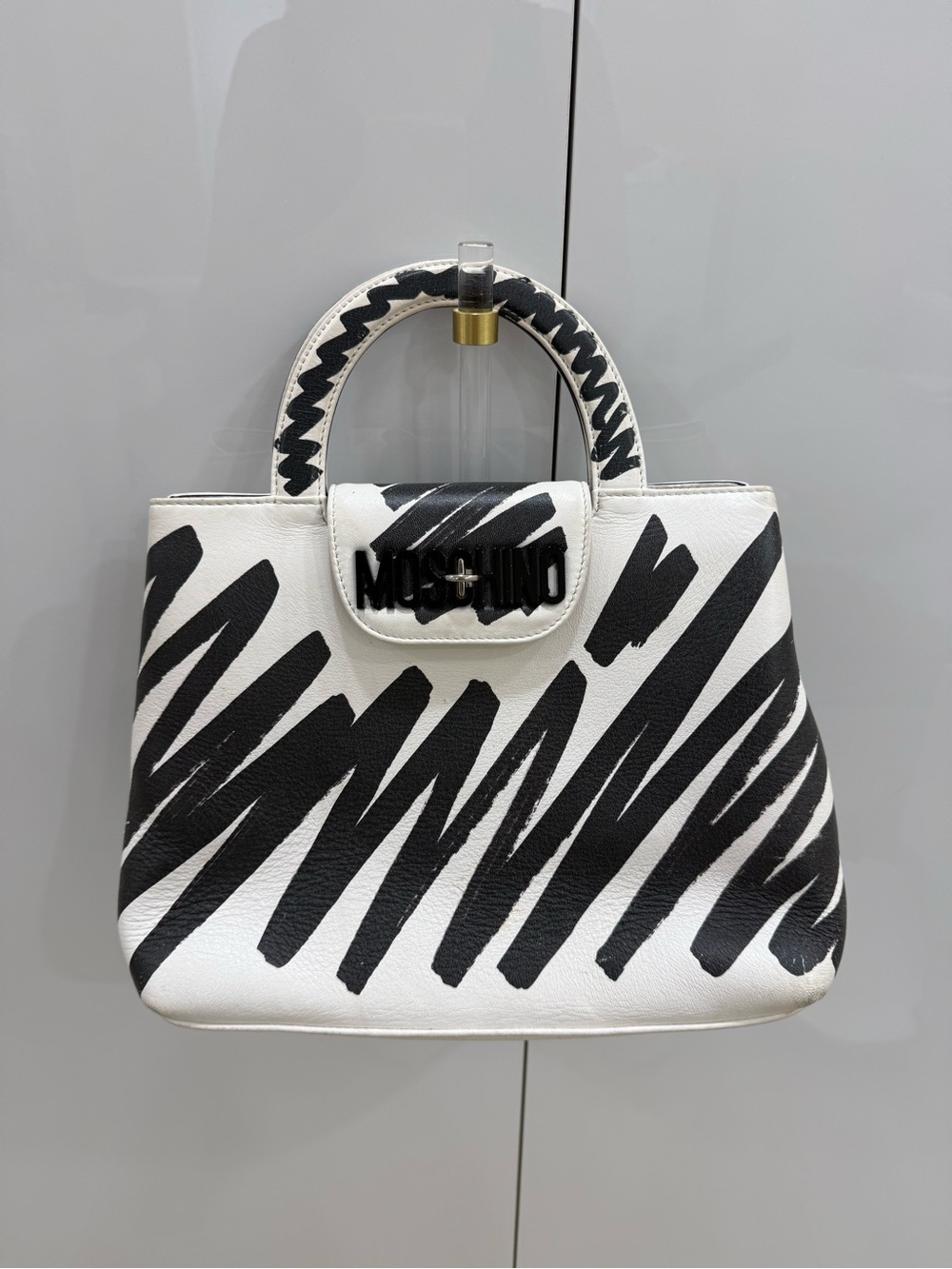Moschino Black & White Brush Stroke Leather Top Handle Bag with Crossbody Strap